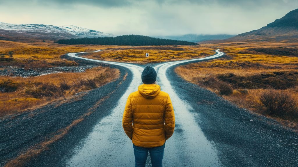 Finding the right number of carriers, man staring at two paths to take down a road. 